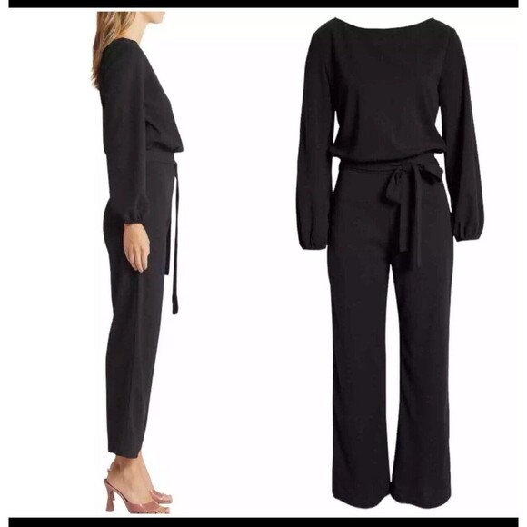 Nikki Lund Jumpsuit XL Long Sleeve Tie Waist Black Preppy Career‎ Cocktail - Picture 3 of 12